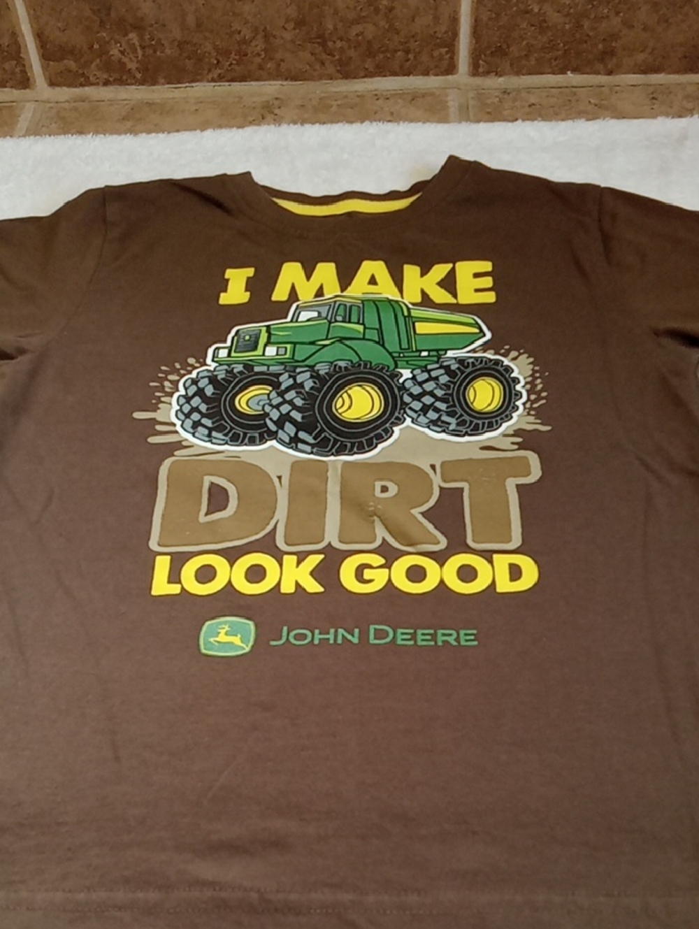 John Deere Brown T-Shirt with Yellow and Green Monster Truck Graphic